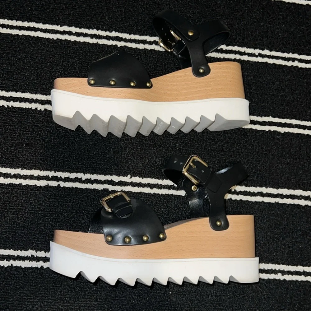 Stella McCartney Black White Elyse Wedge Wood Platform Buckle Sandals